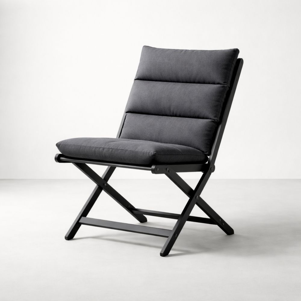 Chaise pliante en métal avec coussin en tissu gris