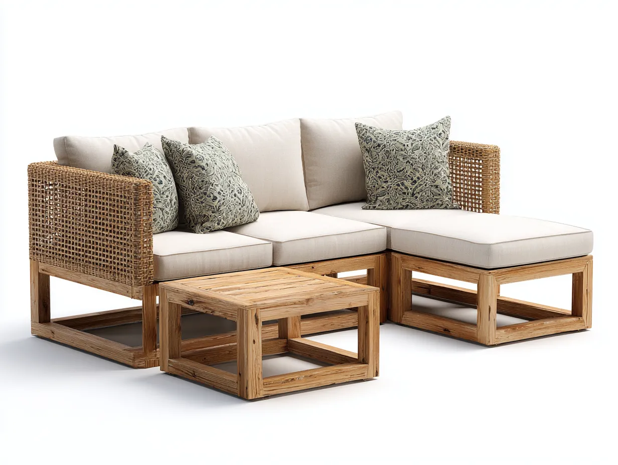 Canapé de jardin - bois-tressage synthétique - 215x150x72 cm - beige-naturel - style naturel extérieur-Loftupden