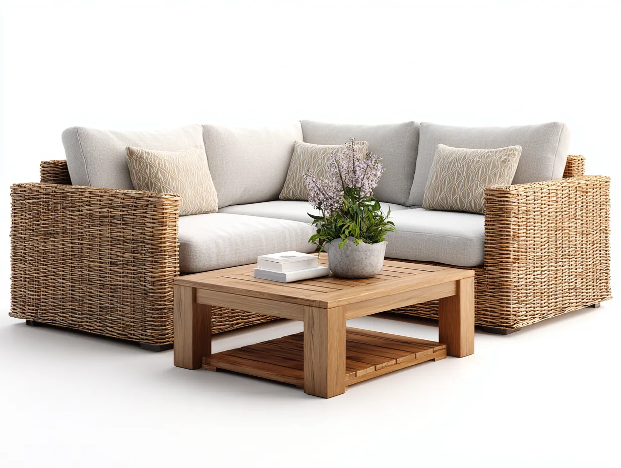 Canapé de jardin - bois-tressage synthétique - 220x155x76 cm - beige-naturel - style naturel extérieur-Loftupden