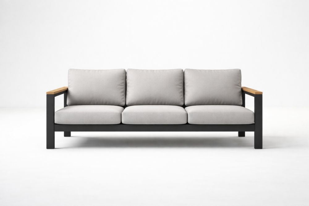 Canapé 3 places aluminium et bois massif coussins gris