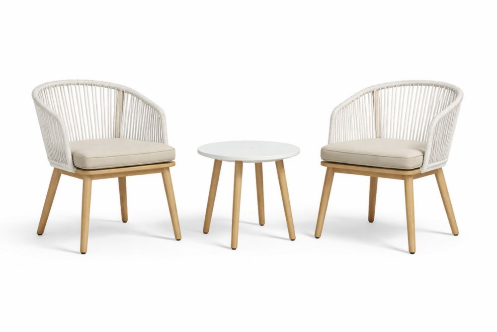 Ensemble de Mobilier d'Extérieur 2 Fauteuils en Polyéthylène Blanc avec Coussins Beiges et Table Ronde en bois massif