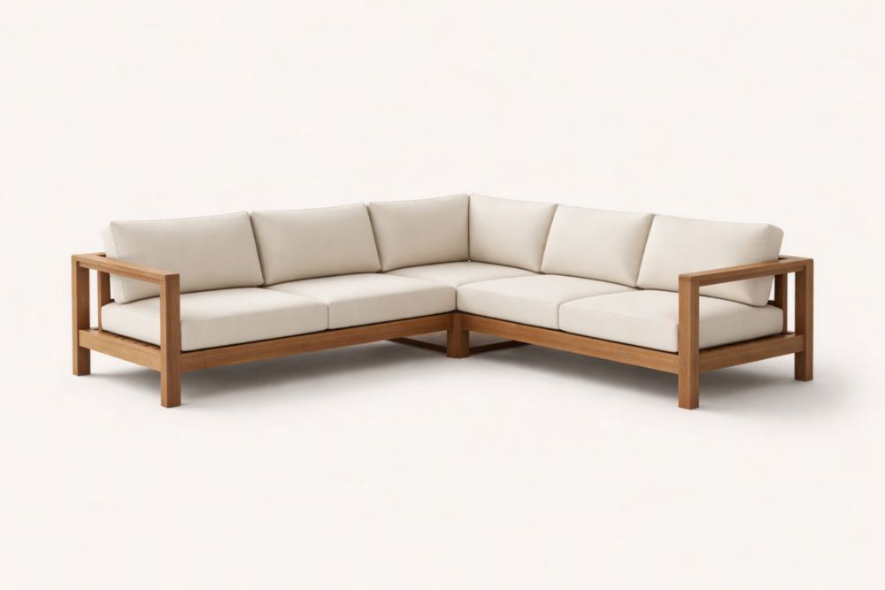 Canapé d'angle en bois de teck et coussins beiges
