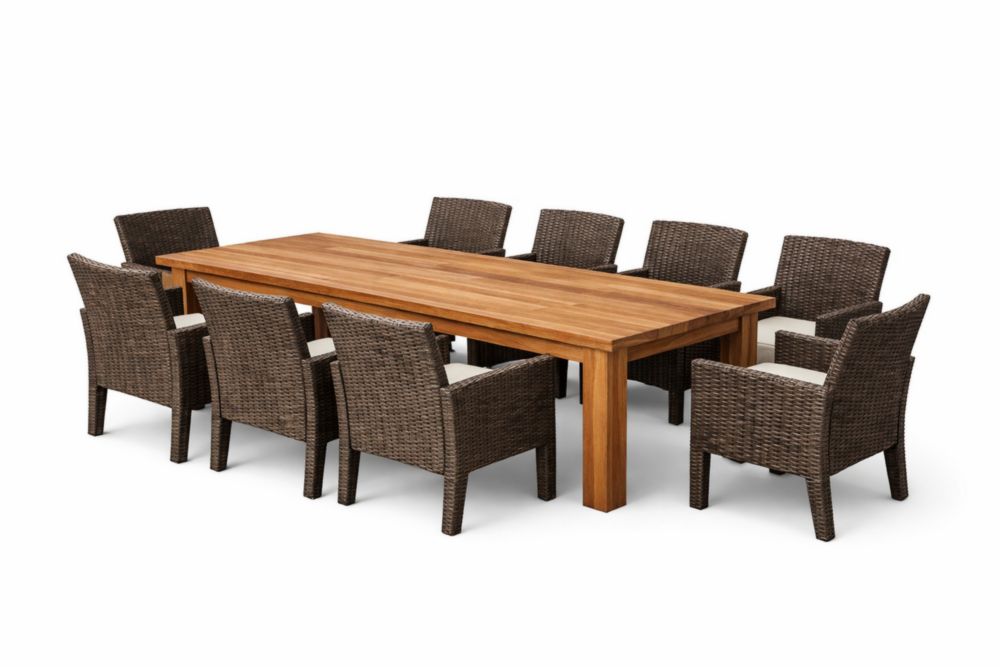 Table en teck rectangulaire avec 9 chaises en résine tressée
