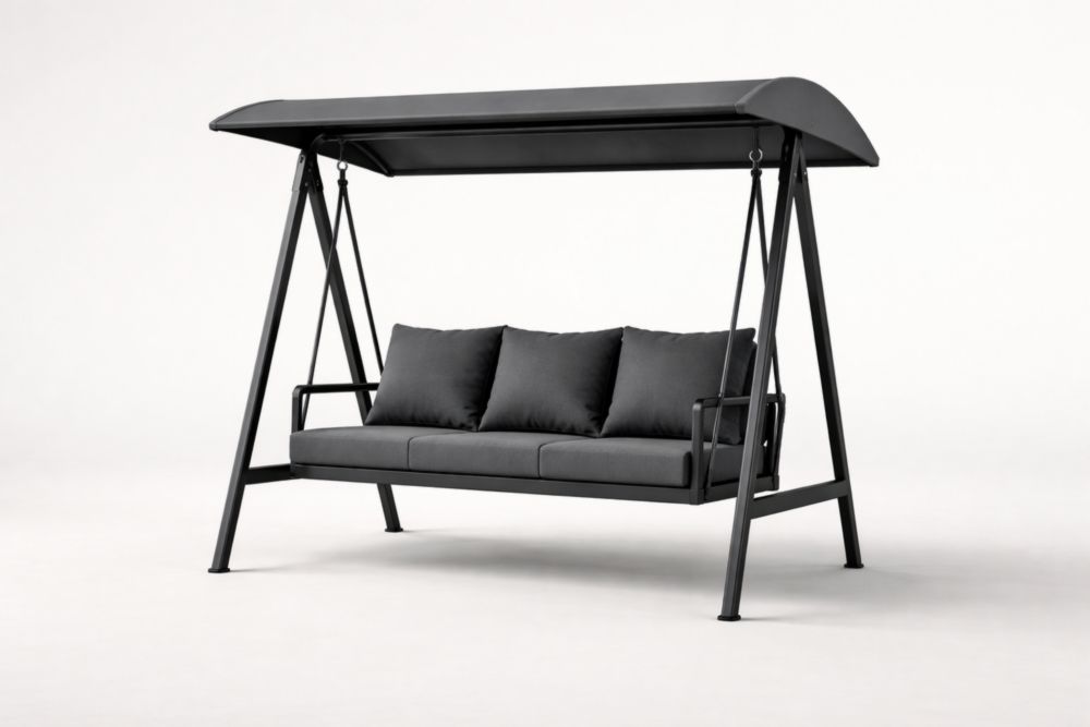 Balancelle extérieure trois places acier noir coussins polyester