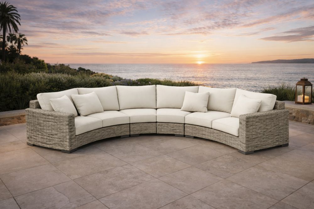 Canapé d'Angle Extérieur en Résine Tressée Beige avec Coussins Blancs