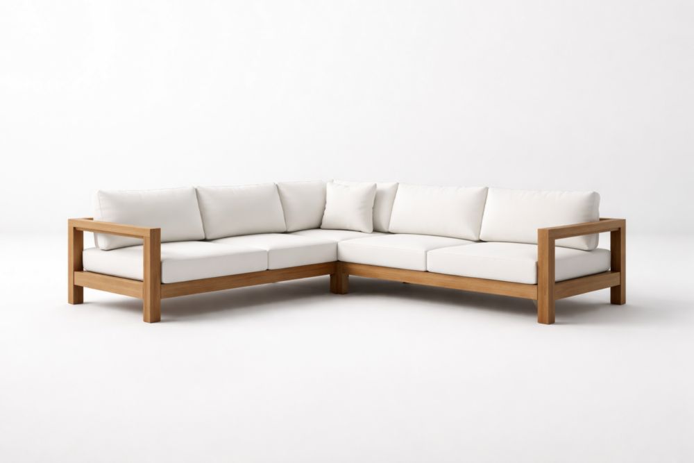 Canapé d'angle en bois de teck et tissu blanc