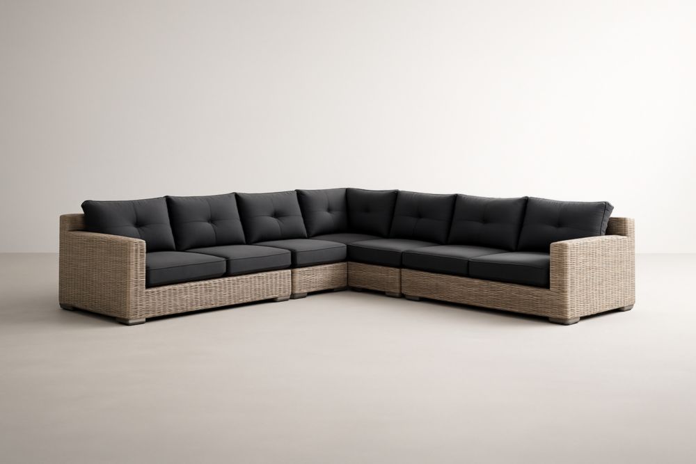 Canapé d'angle extérieur en rotin synthétique et polyester Gris/Noir