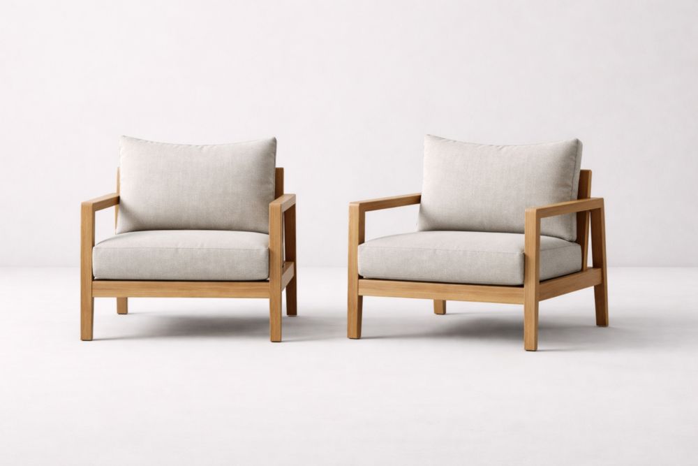 Set de 2 fauteuils en bois massif et tissu beige