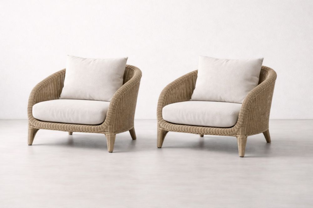 Lot de 2 fauteuils en rotin avec coussins en tissu polyester beige