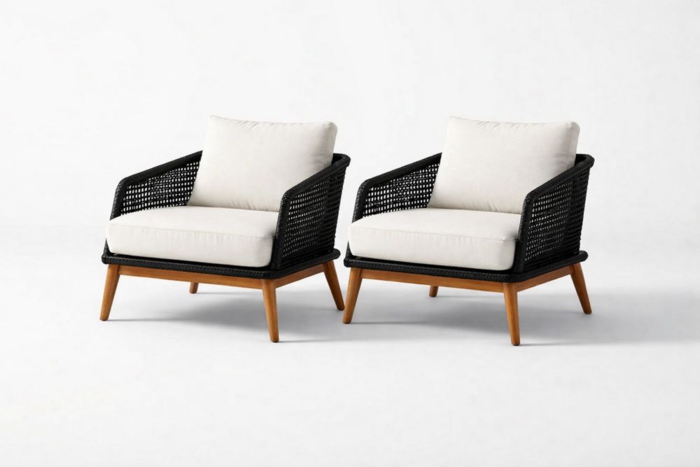 Fauteuils en Résine Tressée Noir et Bois massif avec Coussins en Tissu Beige