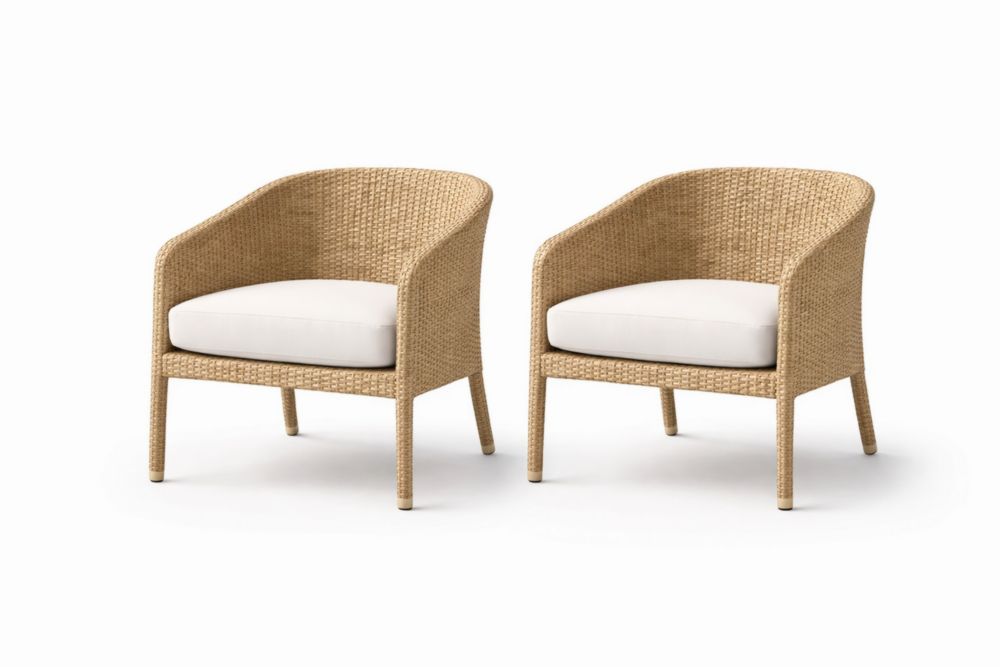 Lot de 2 fauteuils en rotin synthétique beige avec coussins en polyester blanc