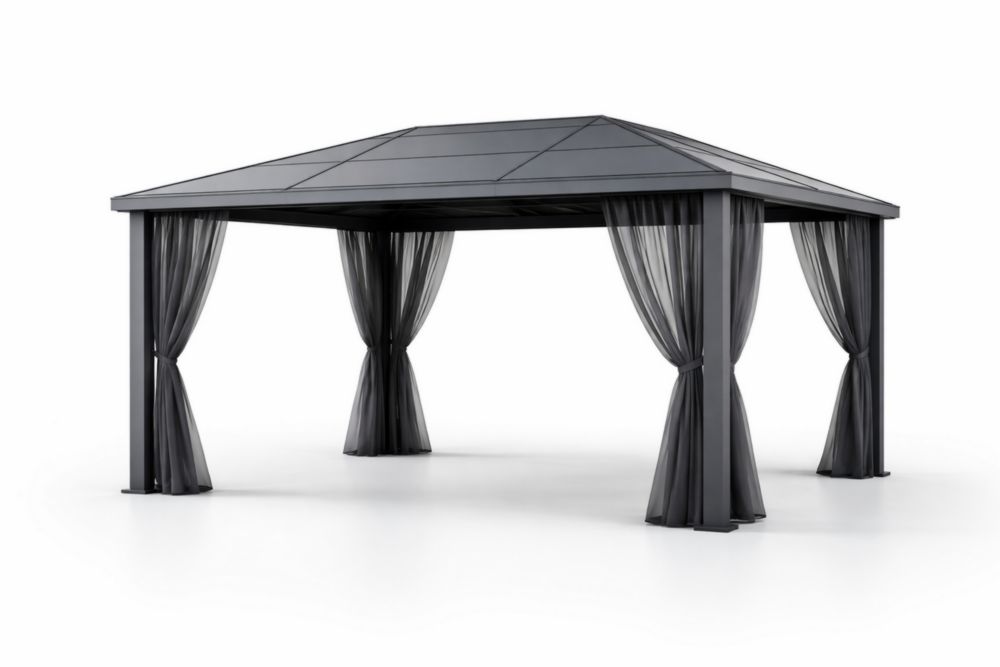 Pavillon en Aluminium Noir avec Toit en Polycarbonate et Rideaux