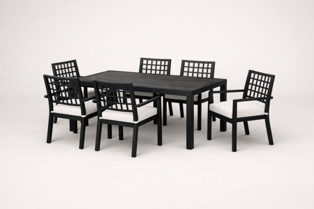 Ensemble de jardin en aluminium noir avec coussins blancs