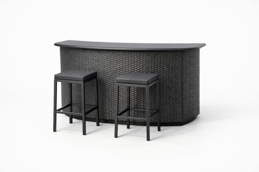 Bar de jardin en osier avec tabourets en simili cuir noir