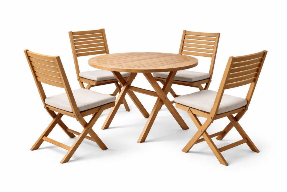 Ensemble Table Ronde et Chaises Pliantes en Bois d'Acacia avec Coussins