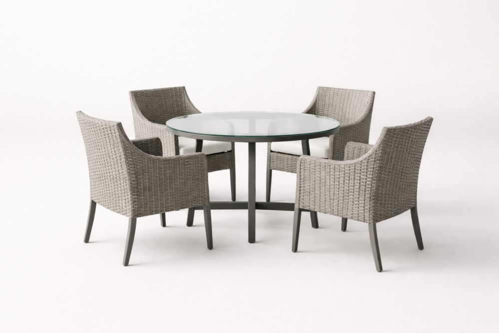 Ensemble de salle à manger extérieur en Aluminium avec table en verre et chaises en rotin