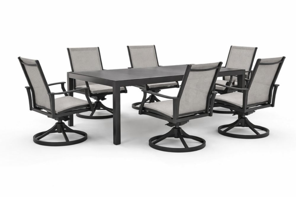 Table de jardin en aluminium noir avec 6 chaises pivotantes en tissu gris