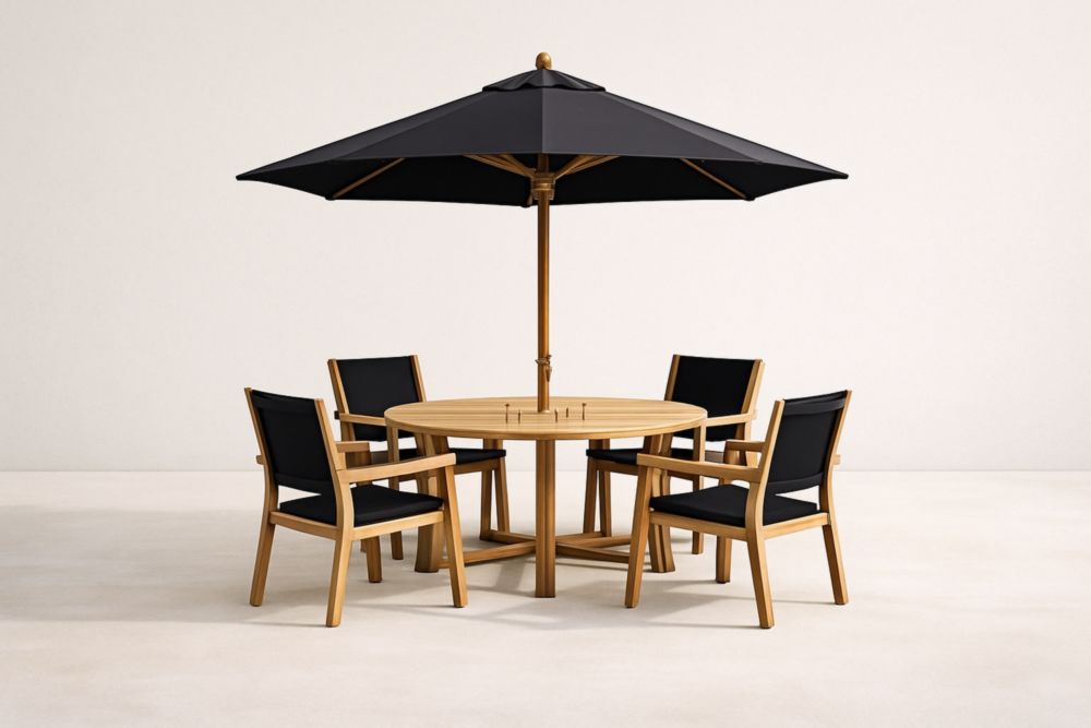 Ensemble de Mobilier de Jardin en Bois de Teck et Tissu Noir avec Parasol