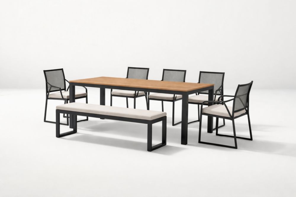 Ensemble de salle à manger extérieur en bois d'acacia et aluminium noir