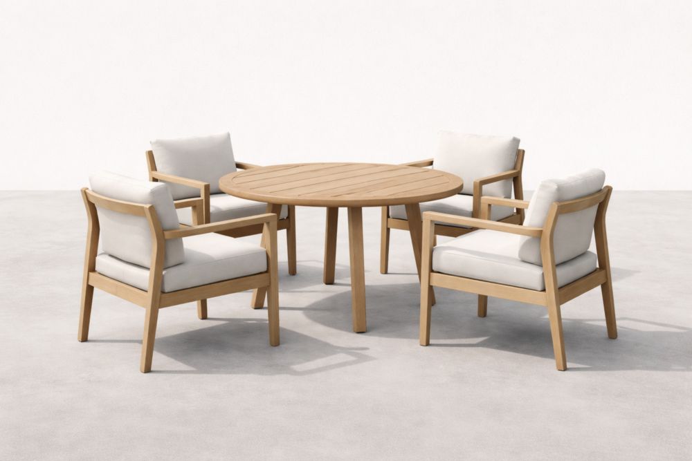 Ensemble de jardin en teck avec table ronde et 4 fauteuils