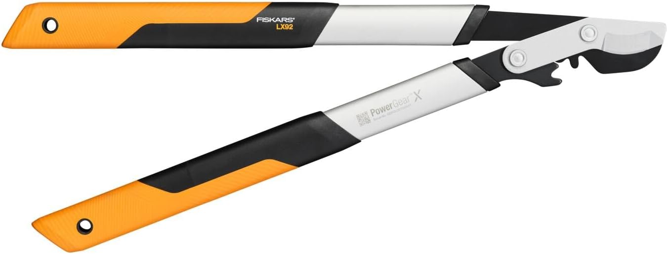 Fiskars PowerGear X Bypass Gear Scissors for Fresh Wood, Non-Stick Coated, Hardened Precision Steel, Length: 57 cm, Black/Orange, LX92-S, 1020186