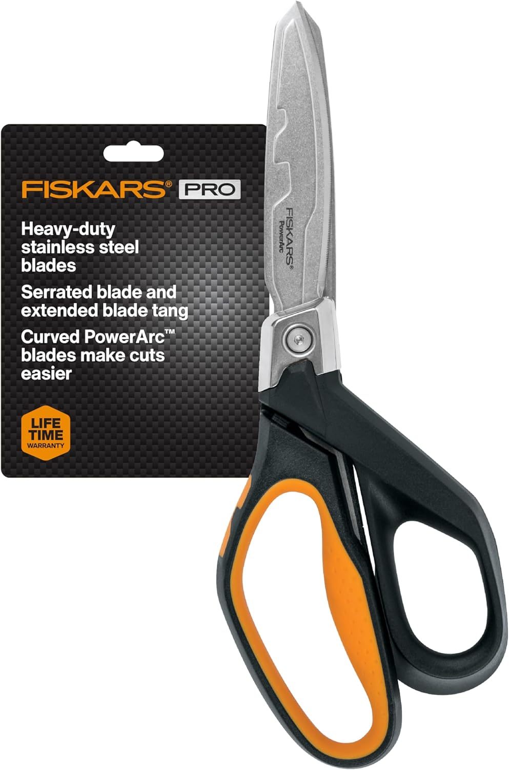 Fiskars PowerArc Easy Action Shears, Heavy Duty Scissors, Curved Stainless Steel Blades & SoftGrip Ergonomic Handle, 10”, Orange/Gray