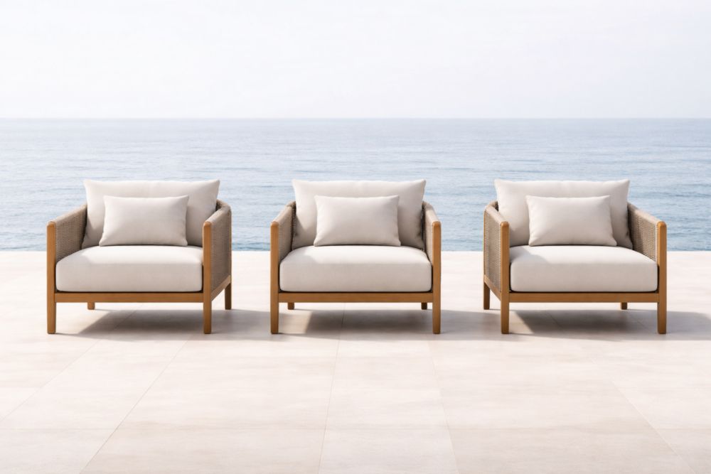 Lot de Fauteuils d'Extérieur en Bois et Rotin avec Coussins en Polyester