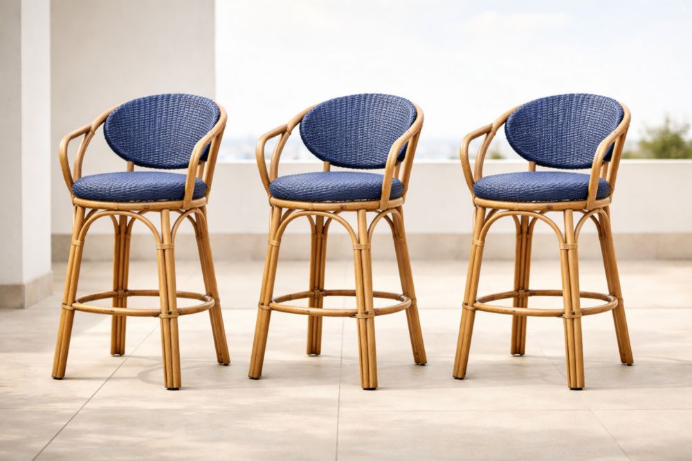 Set de 3 tabourets de bar en rotin et tissu bleu