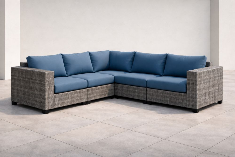Canapé d'angle en résine tressée gris et bleu