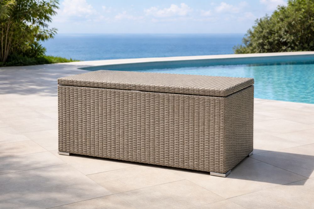 Coffre de Rangement Extérieur en Résine Tressée Beige