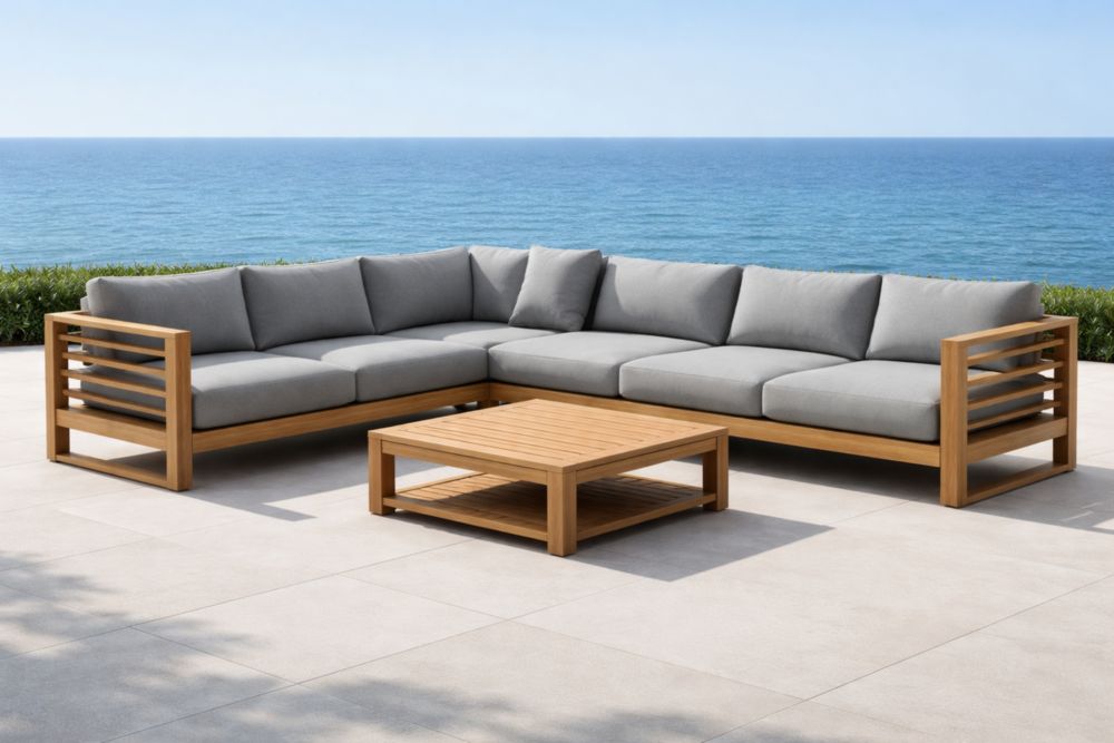 Ensemble de salon de jardin en teck et tissu gris 295x295x75 cm