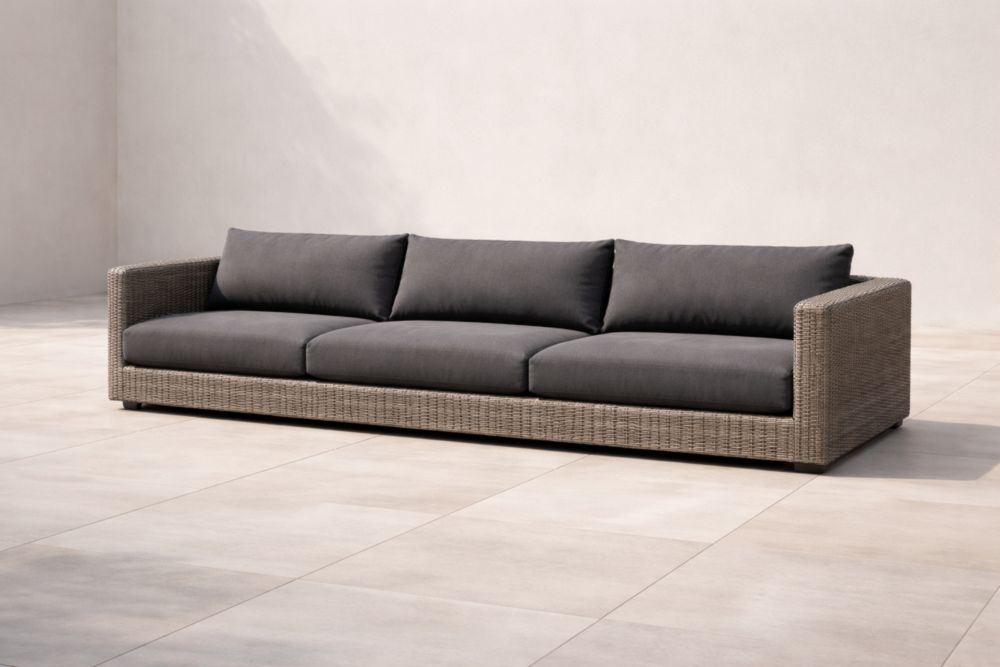 Canapé d'extérieur en résine tressée gris avec coussins anthracite 3 places