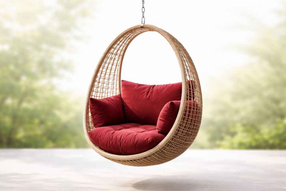 Balancelle suspendue rotin coussins rouges