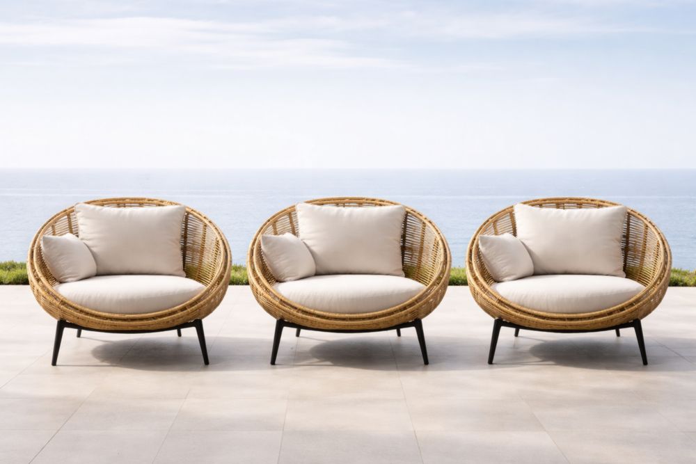 Lot de Fauteuils Rond d'Extérieur en Rotin et Métal avec Coussins Beige