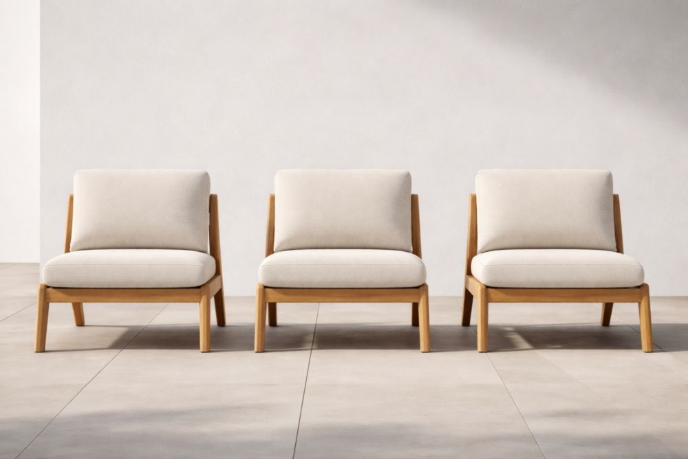 Ensemble de 3 fauteuils en bois et tissu Beige