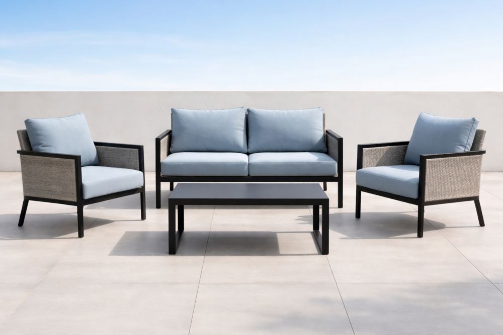 Ensemble Salon de Jardin Aluminium Noir Coussin Bleu