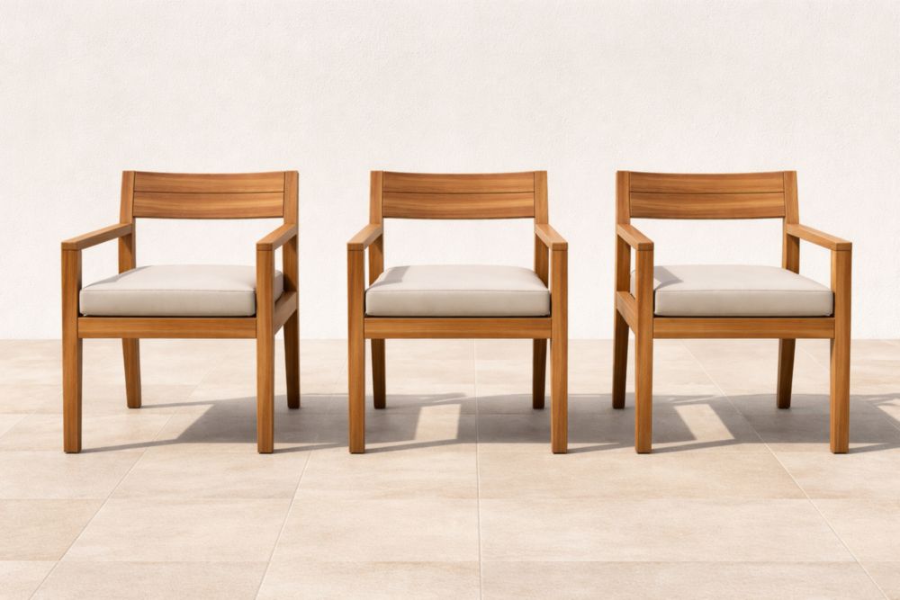 Chaises de jardin en bois avec coussin beige, ensemble de 3