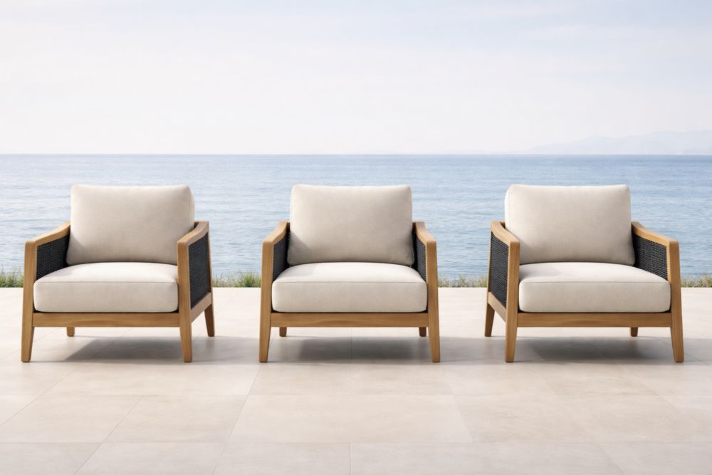 Ensemble de 3 fauteuils de jardin en teck et polypropylène avec coussins en tissu beige