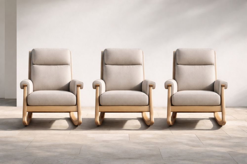 Ensemble de 3 fauteuils à bascule en bois avec revêtement en tissu beige