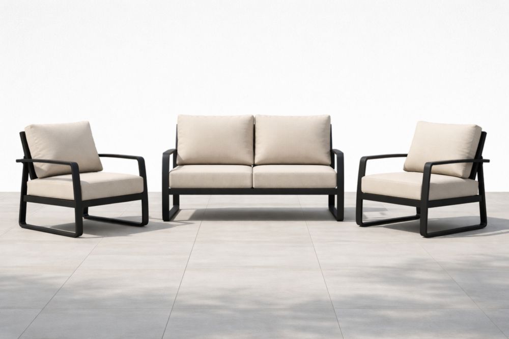 Ensemble de salon extérieur en aluminium noir avec coussins en polyester beige