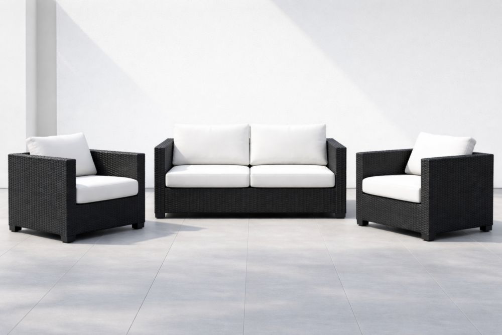 Ensemble de Salon en Résine Tressée Noir avec Coussins Blancs