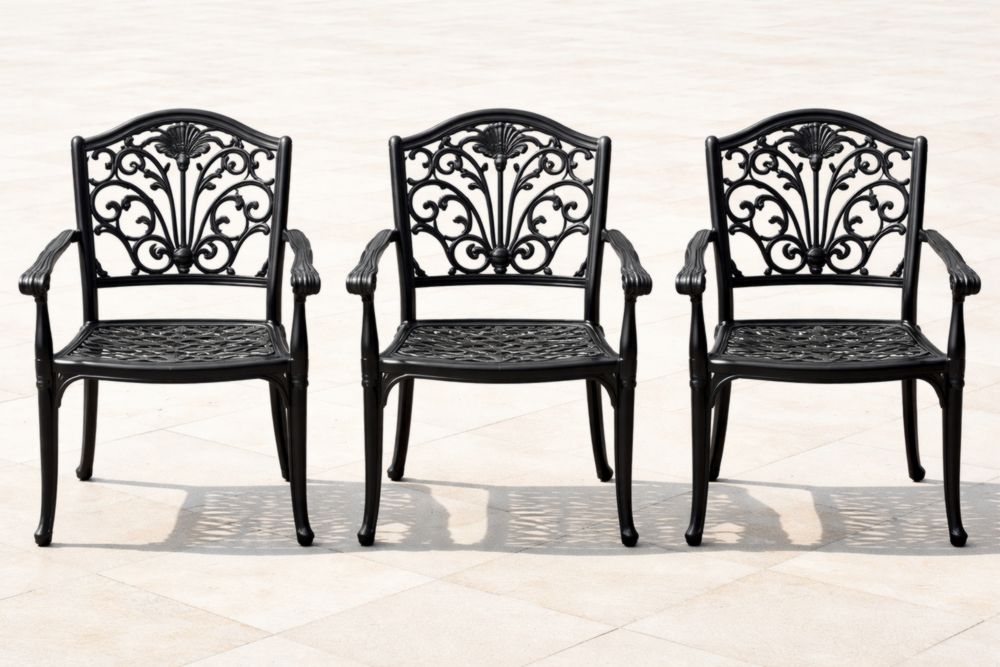 Chaise de jardin en aluminium noir avec motifs ornés, set de 3