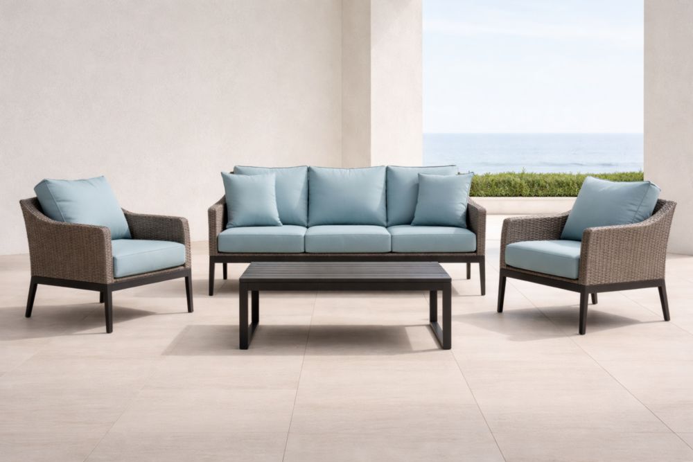 Ensemble de mobilier d'extérieur en résine tressée avec coussins bleus