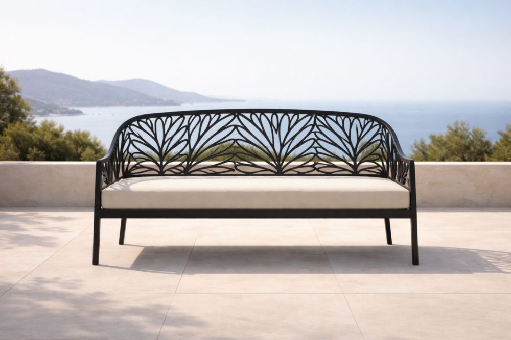 Banc de Jardin en Métal Noir avec Coussin Beige
