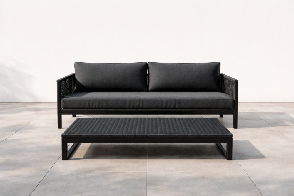 Canapé extérieur en métal noir avec coussins en tissu polyester