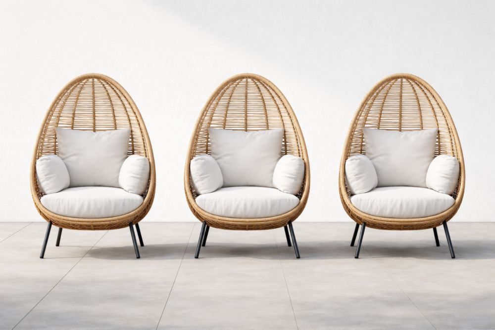 Lot de 3 fauteuils œuf en rotin avec coussins en polyester