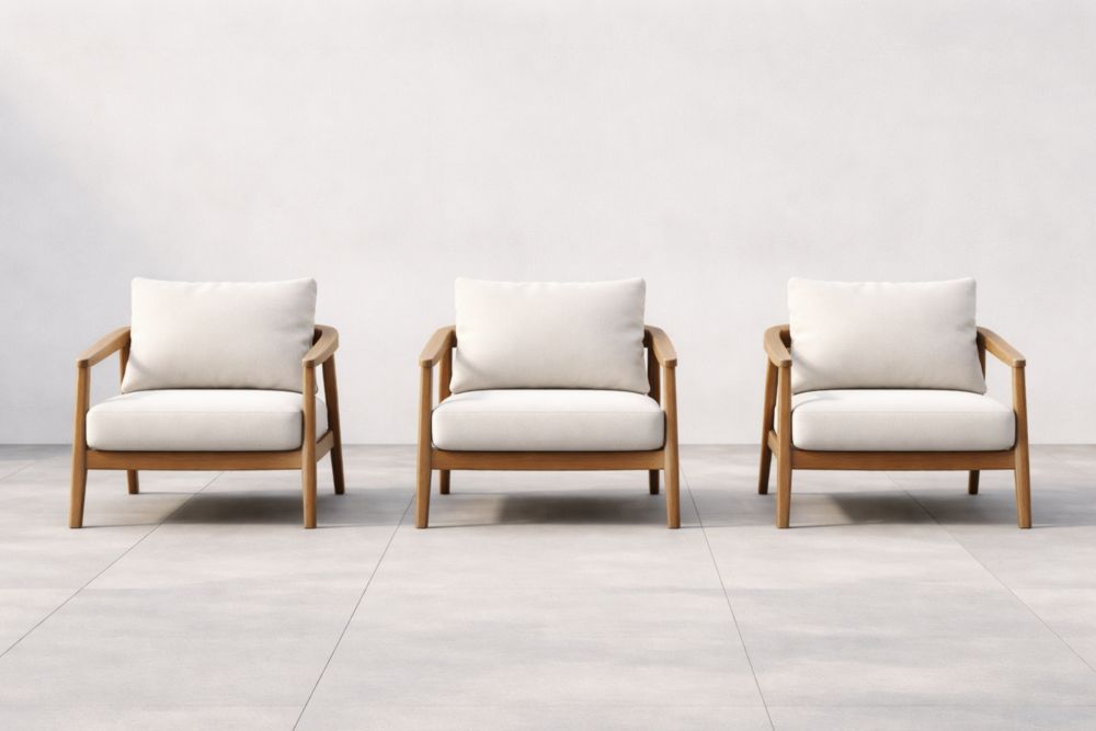 Ensemble de 3 Fauteuils en Bois et Coussins en Tissu Blanc