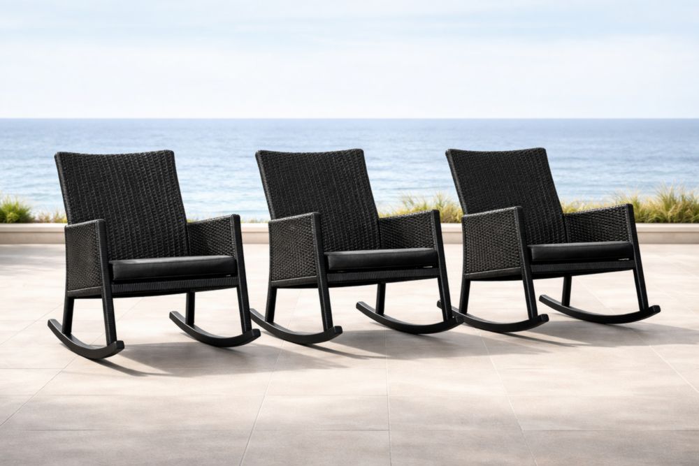 Lot de 3 fauteuils à bascule extérieurs en rotin synthétique noir