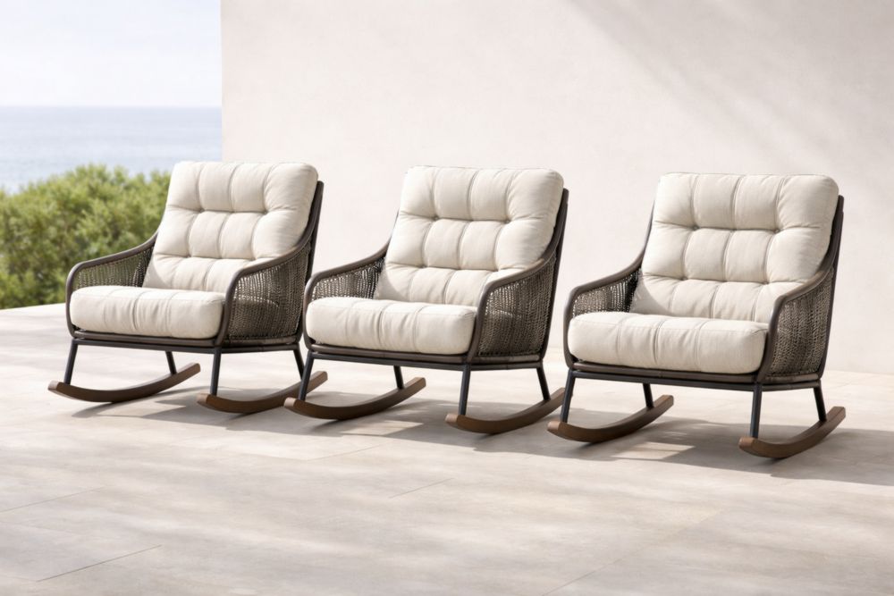 Fauteuil à Bascule en Métal et Résine Tressée avec Coussins Beige