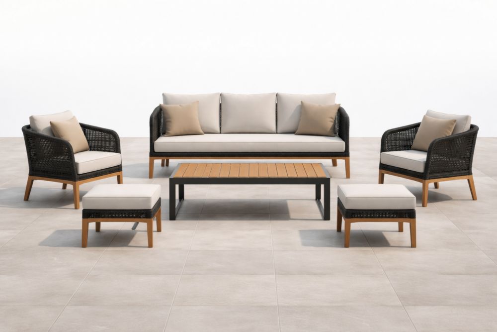 Ensemble de jardin en rotin et bois, noir et beige